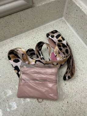 Pink Crossbody Phone Pouch with Leopard Print Strap